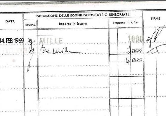 Il versamento fatto sul libretto nel 1969