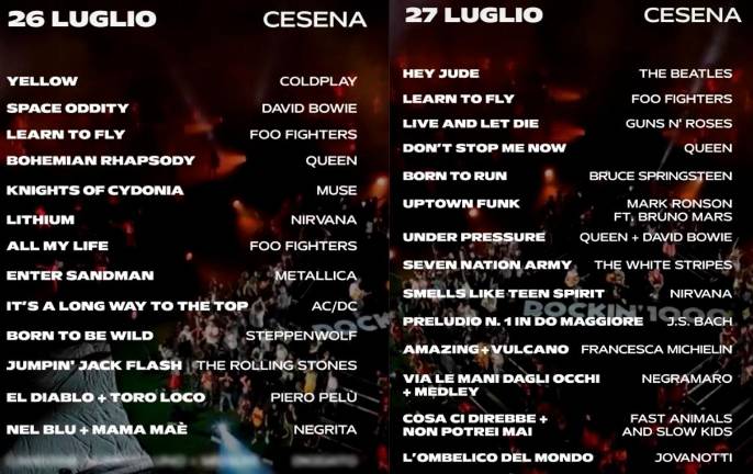 Le set list di sabato 26 e domenica 27 luglio all’Orogel Stadium Manuzzi di Cesena