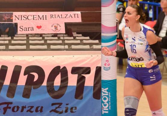 Lo striscione di sostegno dei tifosi della Omag-Mt San Giovanni in Marignano, a destra Sara Caruso