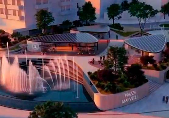Il progetto della nuova piazza Marvelli e, a destra, l’assessore ai Lavori pubblici Mattia Morolli