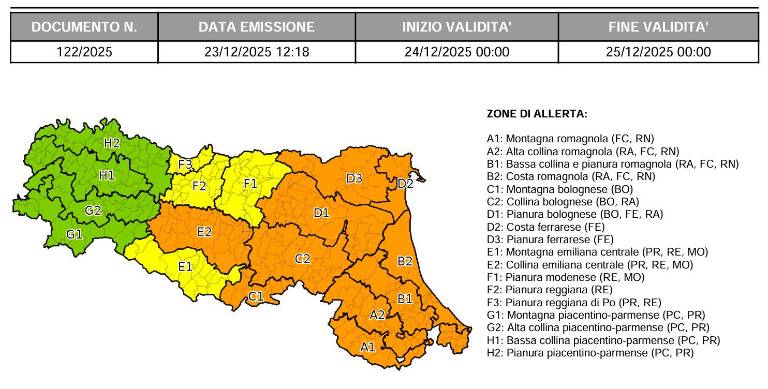 Meteo Romagna, forti piogge in arrivo: allerta arancione il 24 dicembre