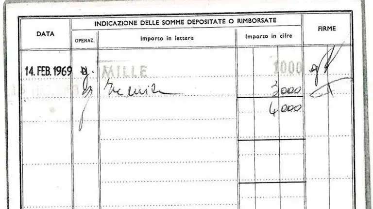 Il libretto con il versamento effettuato nel 1969