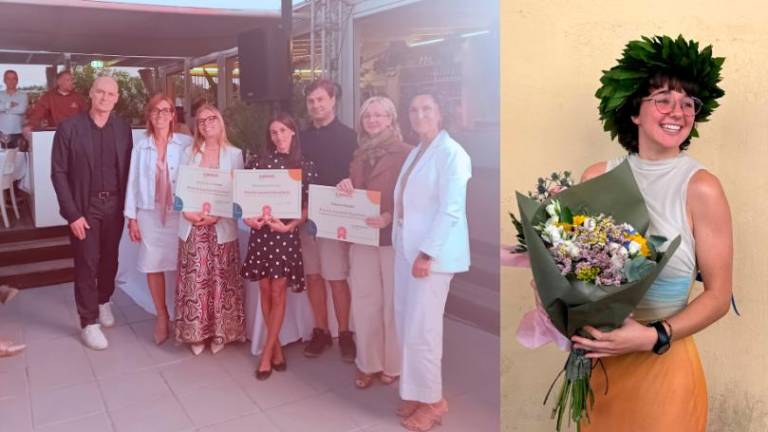 da sinistra: Francesco Malaguti, presidente Camst group, Paola Prati, dipendente, madre di Maddalena Contoli che le è accanto, Benedetta Ghirotti con il padre Pietro, dipendente, Orietta Gelli, dipendente Camst e madre di Ottavia Novelli (premiata), Stefania Ceretti, vicepresidente. Nella foto accanto, Alisea Succi.