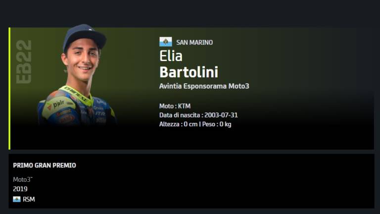Elia Bartolini da Sarsina promette grandi cose, anche se il sito della MotoGp lo fa nascere a San Marino