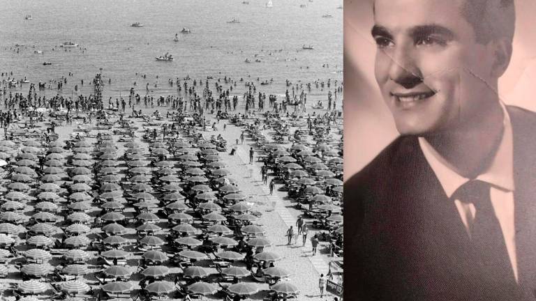 Da sinistra, la spiaggia di Rimini in una foto degli anni Sessanta e l’immagine di Paolo, nel fiore della giovinezza, che da Napoli avrebbe lasciato la Romagna per lavorare in Germania
