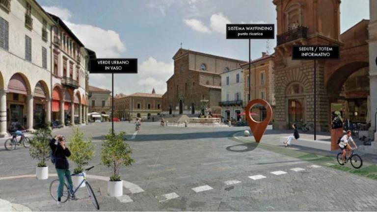 Nel riquadro in alto e in foto a destra, i rendering per corso Garibaldi e piazza. Nel riquadro sopra, la presentazione
