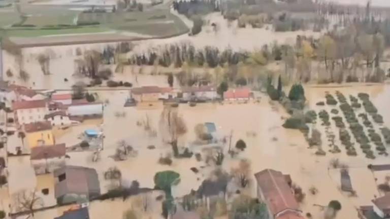 Una veduta area della zona interessata dall’alluvione in Friuli-Venezia Giulia