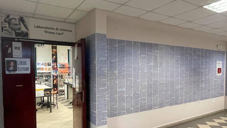 I muri del laboratorio di chimica tappezzati con il testo del libro “Se questo è un uomo”