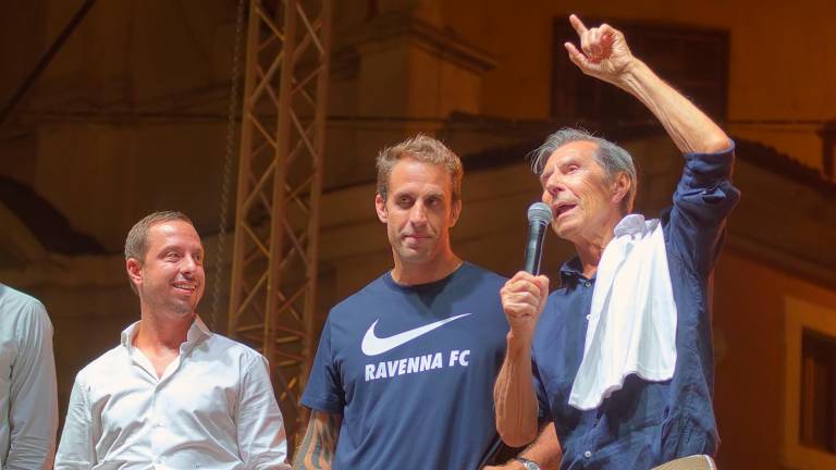 Ariedo Braida (a destra) con Ignazio Cipriani e Paolo Scocco alla presentazione del Ravenna nell’estate 2025 (Fiorentini)