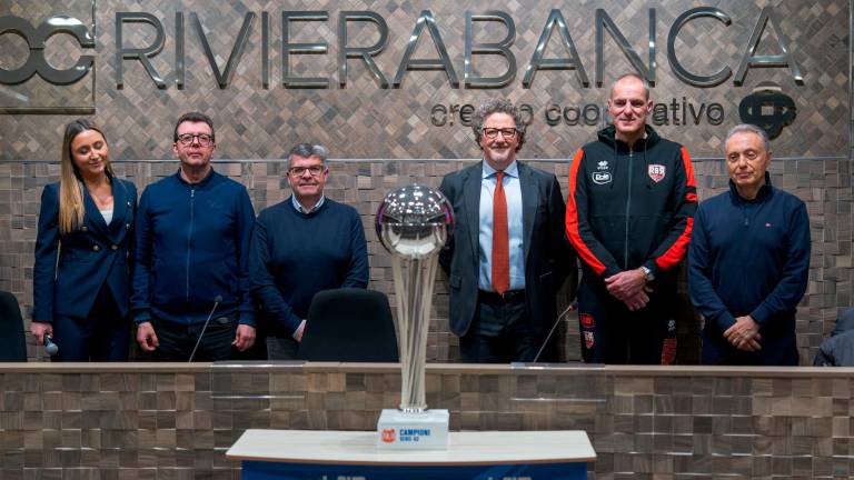 I coach Leka, Ramagli, Dell’Agnello e Bucchi col presidente di Lnp, Maiorana