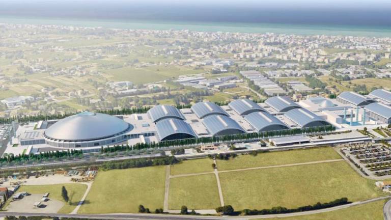 Il quartiere fieristico come appare in un rendering che aggiunge anche la nuova cupola (a sinistra, lato nord)