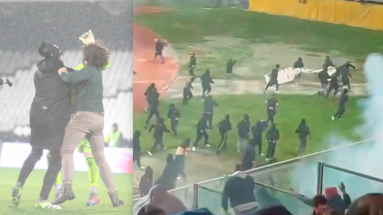 A sinistra l’invasione di campo di Liman Shpendi dopo Cesena-Olbia, a destra gli incidenti di Padova-Catania