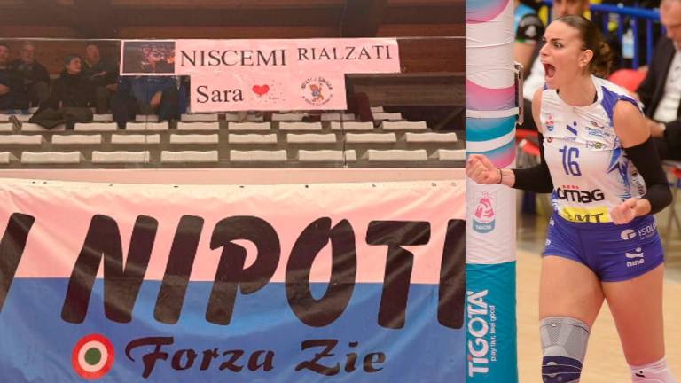 Lo striscione di sostegno dei tifosi della Omag-Mt San Giovanni in Marignano, a destra Sara Caruso