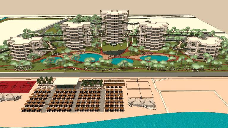 Il render del progetto del resort a cui sono state apportate anche delle modifiche e a destra l’imprenditore e immobiliarista riminese, Gianni Ottoboni