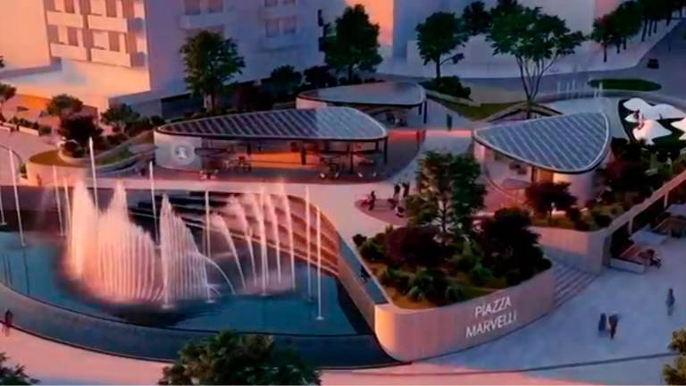 Il progetto della nuova piazza Marvelli e, a destra, l’assessore ai Lavori pubblici Mattia Morolli