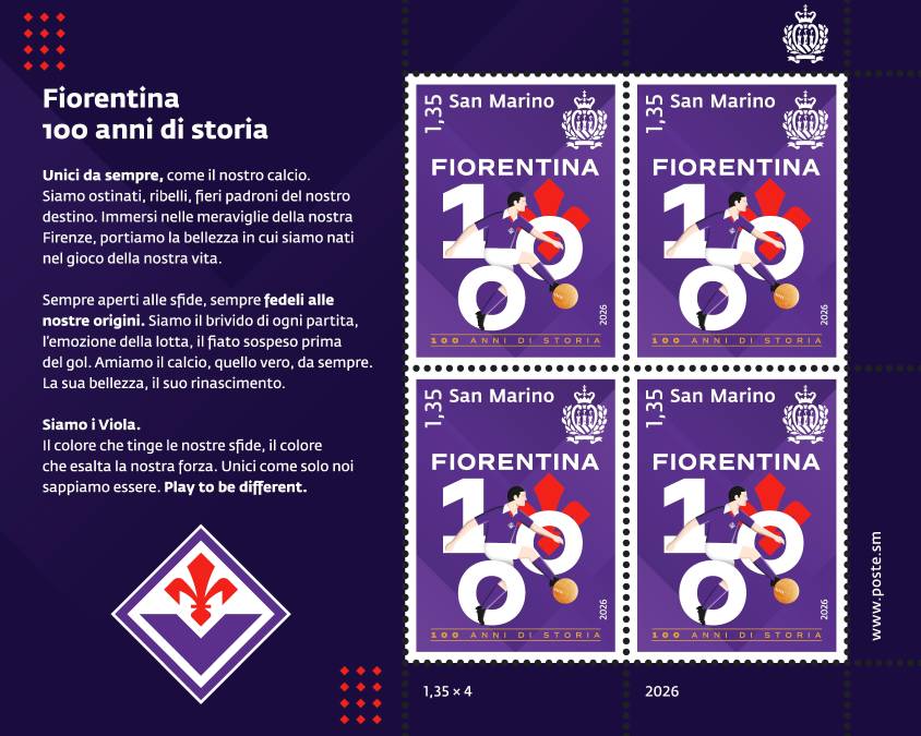 San Marino, francobollo per i 100 anni della Fiorentina calcio
