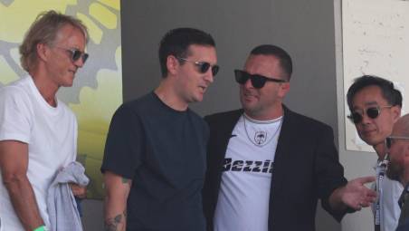 Il nuovo presidente Mike Melby al Manuzzi con il diesse Andrea Mancini, il Ct azzurro Roberto Mancini e l’investitore Tony Hsu (foto Gianmaria Zanotti)